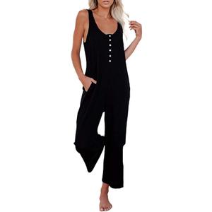 Happy Sailed Womens Casual Sleeveless Front Button Loose Jumpsuits Stretchy Knit Jumpers Long Pants Romper with Pockets (Large)