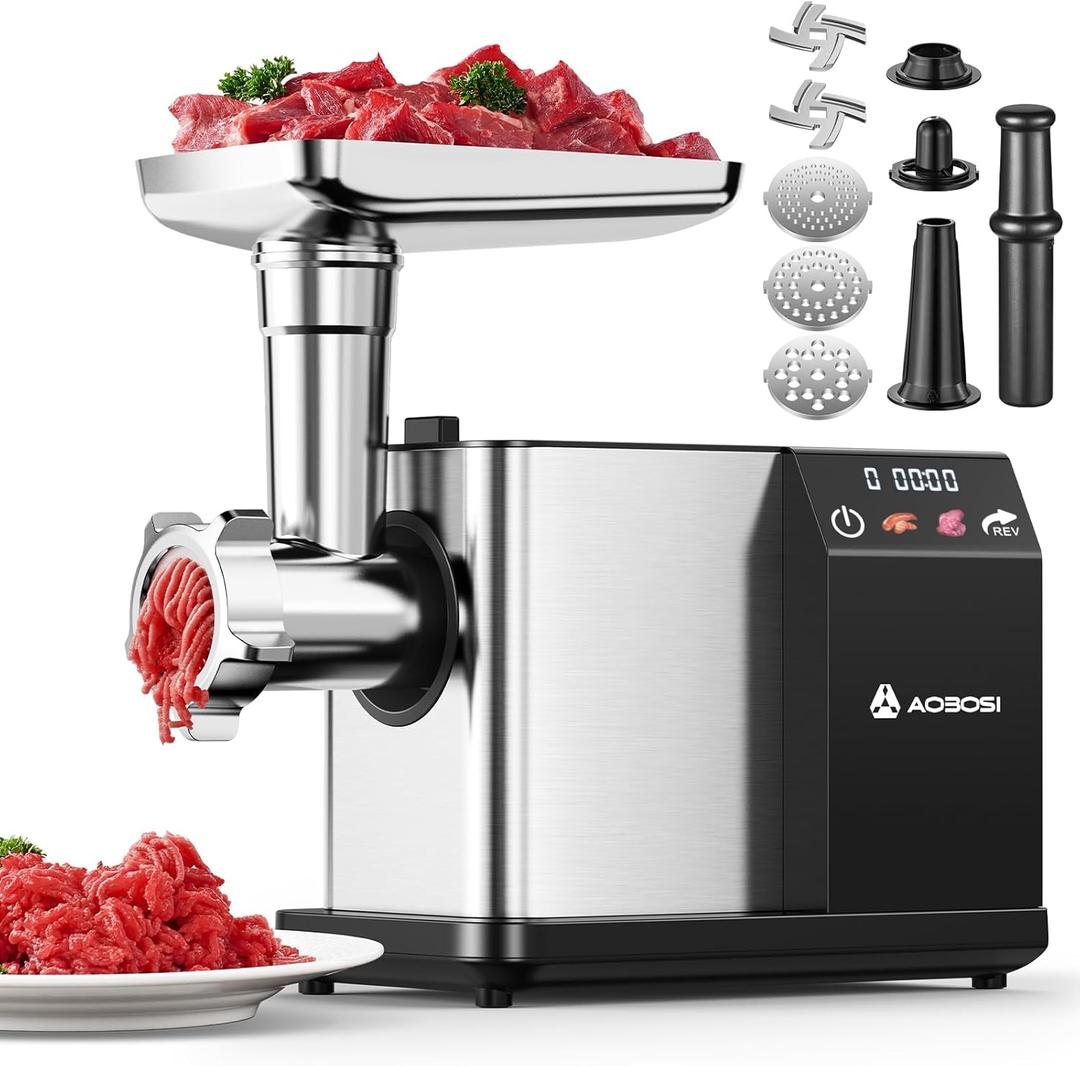 AAOBOSI Meat Grinder Electric 3000W Max with Touch Color Screen, Auto-Reverse & Built-in Storage - 3 Speed Settings,Grinding, Sausage & Kibbe Making for Home Use, Stainless Steel (Silver)