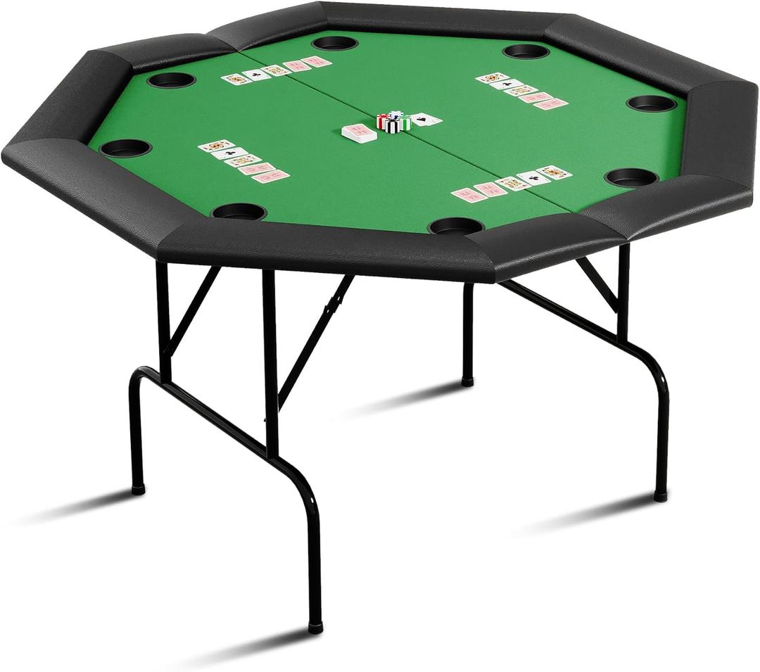 Poker Table w/Metal Legs, Octagon Poker Table 8 Cup Holders, Blackjack Gaming Table with Water-Resistant Cushioned Rail