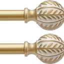 2 Pack Gold Curtain Rods for Windows 48 to 84 inch,1" Adjustable Heavy Duty Window Curtain Rod with Leaf Finials,Rustic Decorative Drapery Rods Set,Size:36-88''