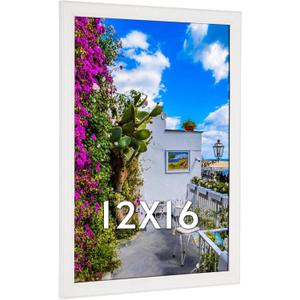 12x16 Wood Picture Frame White, Modern Natural Woodgrain 16x12in Frame, Rustic Wooden 12 x 16 inch Gallery Wall Photo Poster Frame with HD Plexiglass, Horizontal Vertical Wall Mounting Display 1pcs