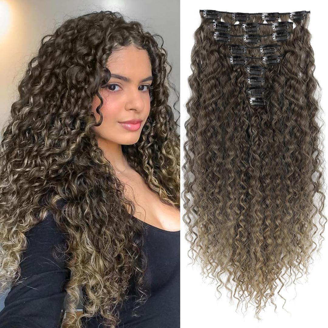 Hair Extension, LONAI 9PCS Clip in Hair Extensions, LN002 22" Long Curly Thick Heat Resistant Synthetic Soft Deep Wave Hairpieces for Women-Ombre Brown
