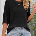 Dokotoo Women's Casual Short Sleeve Loose Tunic Tops Lightweight Crochet Knit Summer Sweaters Blouses (Black, L)