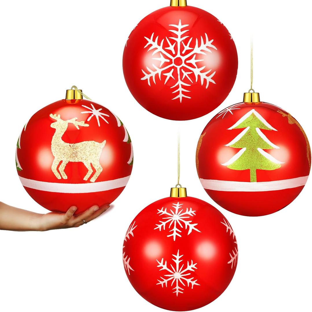 Liliful 4 Pcs 6" Extra Large Red Christmas Ball Ornaments Shatterproof Plastic Christmas Hanging Balls Ornaments Indoor Outdoor for Holiday Xmas Tree Home Party Decorations