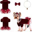 Dog Dresses for Small Dogs Girl Puppy Christmas Outfit Dog Tulle Spring Clothes with Pearl and Bow (Burgundy,M)