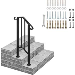 Outvita Handrails for Outdoor Steps, Black Wrought Iron Handrail Fits 1 Step, Transitional Handrail with Installation Kit, Stair Railing for Concrete Steps or Wooden Stairs