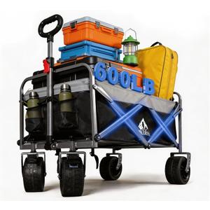 Collapsible Wagon - 600LBS Heavy-Duty Large Capacity Foldable Utility Cart, Oversized All-Terrain Wheels, 3-Second Quick Fold Beach Wagon for Camping, Gardening, Beach & Backcountry TripBLACK