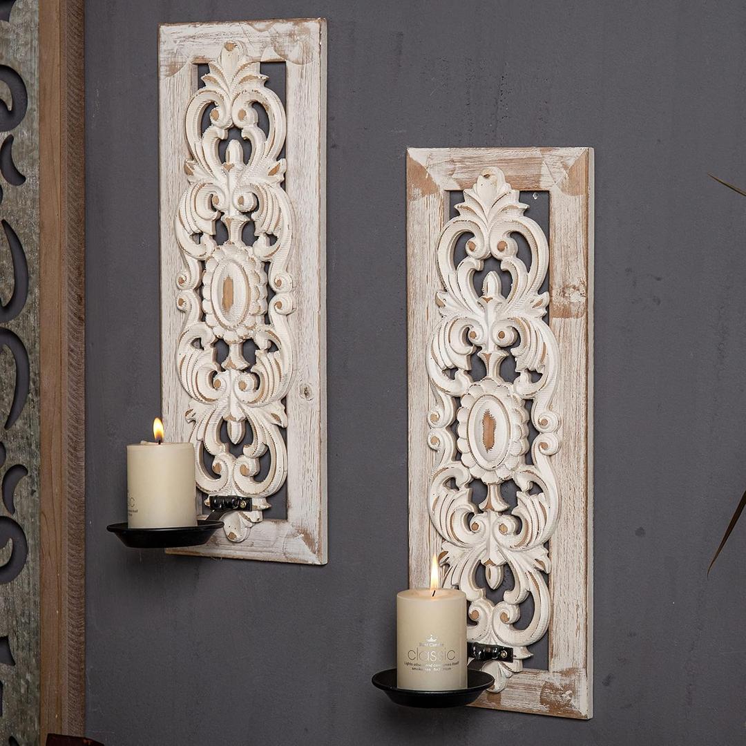 SOFE Openwork Carving Candle Sconces Set of Two, Distressed Finish Wood Candle Holder Living Room, Rustic Farmhouse Candle Wall Sconces, Bedroom Hallway Wall Art Decoration (Style 1)
