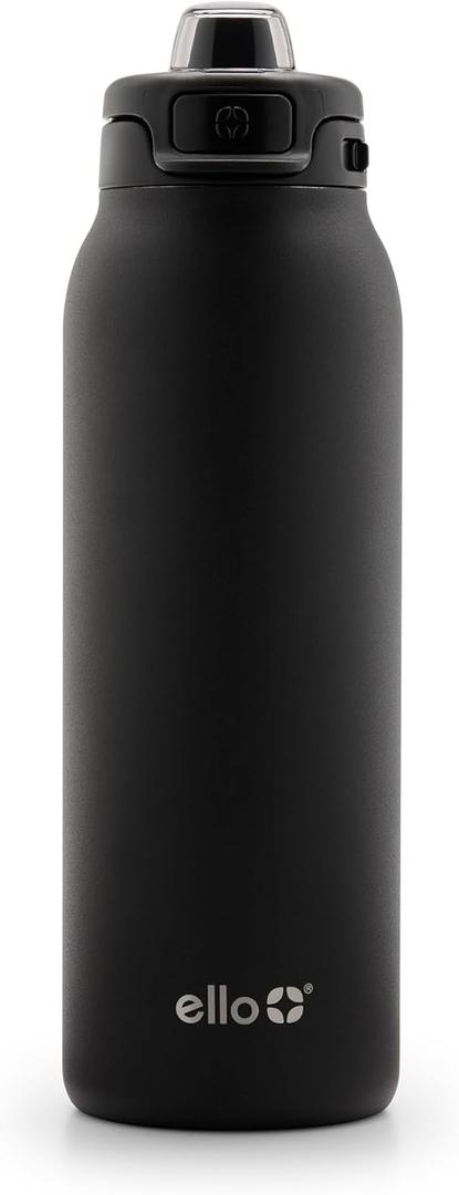 Ello Pop & Fill 32oz Stainless Steel Water Bottle with Quick Fill Technology, Double Walled and Vacuum Insulated Metal, Leak Proof Locking Lid, Sip and Chug, Reusable, BPA Free, Black
