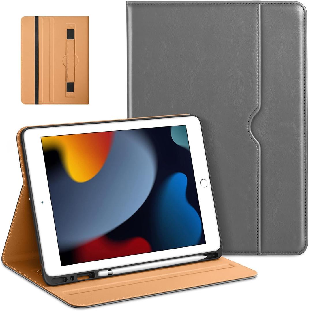 for iPad 9th / 8th / 7th Generation (2021/2020/2019) 10.2 Inch Case, Multi-Angle Viewing Stand Folio Cover with Pencil Holder and Pocket, Built-in Hand Strap, Auto Sleep Wake, Grey