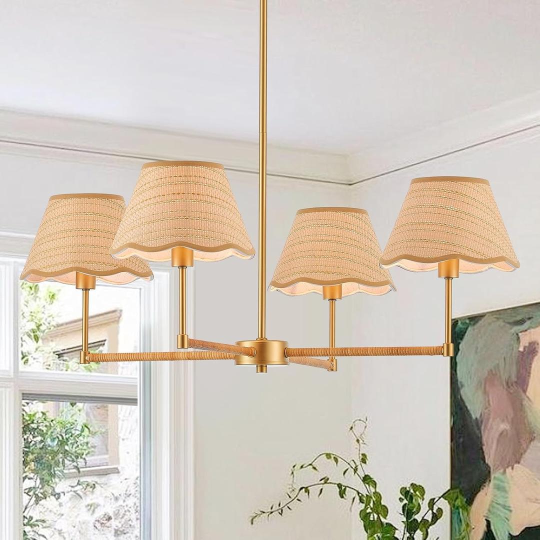 31 Boho Rattan Chandelier 4-Lights Rustic Adjustable Coastal Pendant Light for Kitchen Island Dining Living Room, UL Listed