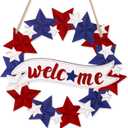4th/Fourth of July Decorations Welcome Wreath for Front Door - Wooden Red White and Blue Star Sign, Patriotic Memorial Day Porch Home Wall Outside Decor