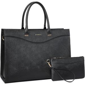 Handmade Luxury Vegan Leather Briefcase Handbags for Women, Large 16 inch Laptop Purse Waterproof Bags for Ladies (Black)