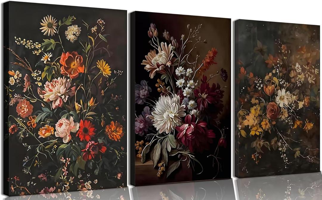 Framed 3Pcs Dark Floral Canvas Wall Art Set Dark Academia Flower Prints Vintage Botanical Wall Painting Rustic Farmhouse Black Floral Picture Art Print Moody Daisy Wall Decor for Living Room Bedroom16x24inx3