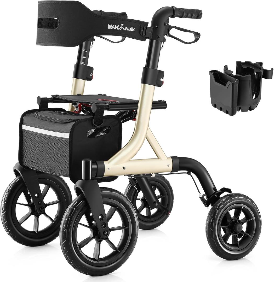 Walkers for Seniors, Rollator Walker with Seat, 12" Big Rubber Wheels All Terrain Rollator Walker with Backrest, Built-in Cable, Cup Holder, Foldable and Height Adjustment for Seniors, Gold