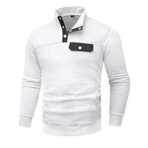 Wizoat Men's Quilted Sweatshirt Casual Waffle Stand Collar Button Pullover Sweatshirts White, 5XL