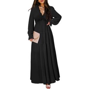BLENCOT Women's Casual Boho Solid Color Deep V Neck Loose Long Sleeve Long Evening Dress Ruched Cocktail Party Maxi Wedding Dress Black Medium