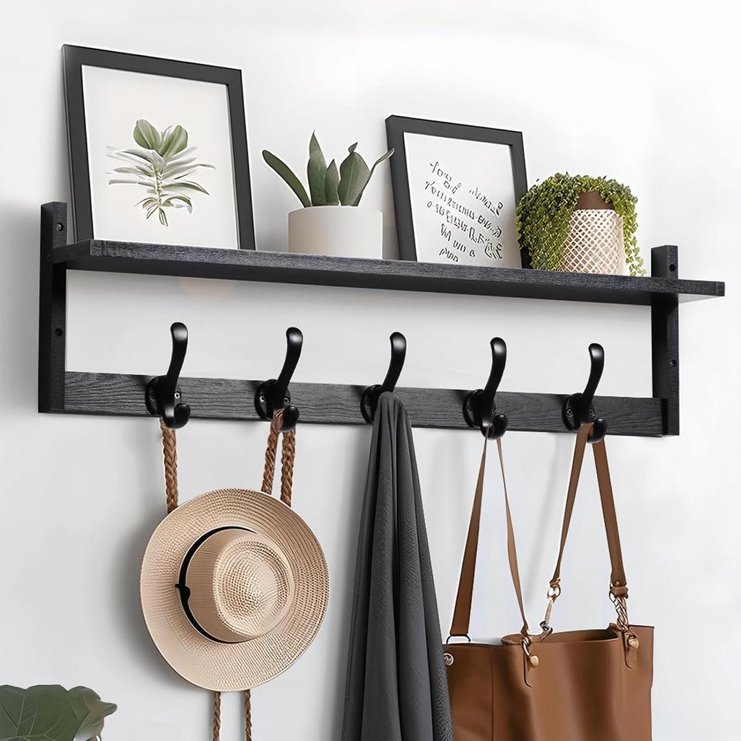 Tatub 29'' Coat Rack Wall Mount with Shelf, Wood Wall Hooks with Storage, Entryway Shelf with 5 Coat Hangers for Bathroom, Living Room, Bedroom, Black