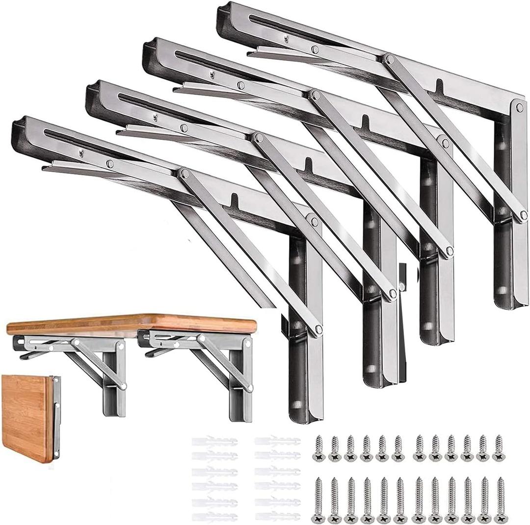 Folding Shelf Brackets 16 inch 4 Pcs Max. Load 350lb - Heavy Duty Stainless Steel DIY Wall Mounted Shelf Brackets Space Saving for Table Work Bench, Garage Workstation, Stuff Supports, Plant Stand