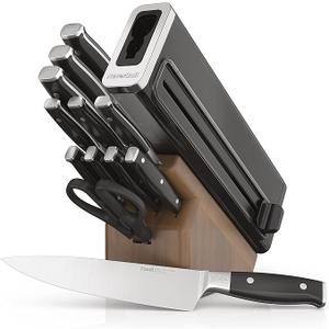 Ninja K52013 Foodi NeverDull Premium 13 Piece German Stainless Steel Wood Series Knife System with Built-in Sharpener, Walnut Stain/Black