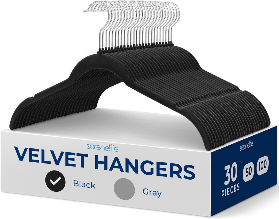 SereneLife 30-Piece Velvet Shirt Hangers  Black Non-Slip, Heavy Duty Clothes Hangers with 360 Swivel Hooks, 0.2" Slim Design, Sturdy & Lightweight Closet Organizers for Shirts, Coats & Pants