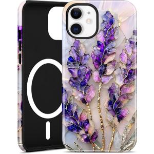 Compatible with MagSafe Flower Phone Case for iPhone 17, Cute Magnetic Stained Glass Floral Aesthetic Soft Shockproof Protective Phone Cover for Women Girls-Purple Lavender