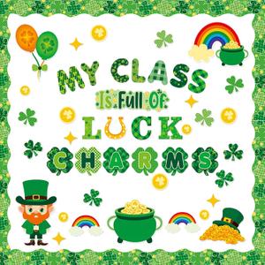 St. Patrick's Day Bulletin Board Decorations Kit with 62 Cutouts & 120 Glue Points, Lucky Clover Shamrock & Gold Coin Designs for Classroom Wall, Door, Party Decor, Standard