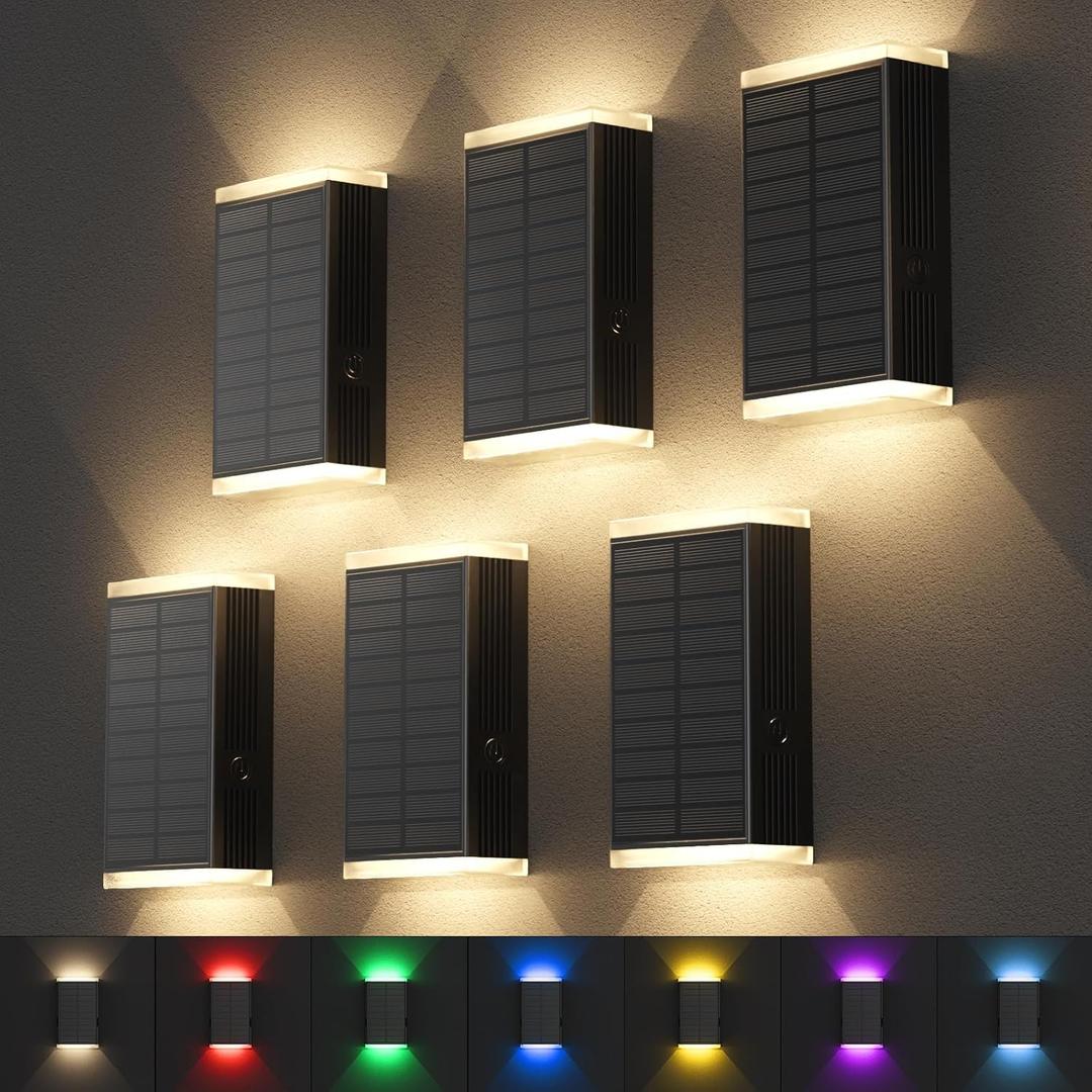 Solar Lights Outdoor,8 Lighting Modes Dusk to Dawn Lighting Wall Sconce IP67 Waterproof Up and Down Solar Wall Light Front Door Light for House, Garage, Porch,Doorway,Fence,Festival Decor (6 PACK) (RGB & Warm White)