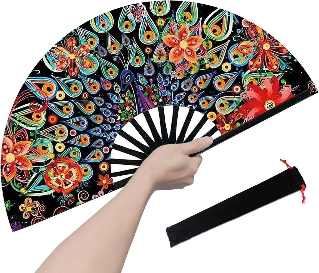 Boots on The Ground Fan, Large Folding Hand Fan for Women and Men, Popping Fans for Line Dancing for Raves, EDM, Dance Party, and Home Decoration (Blossom and Peacock)