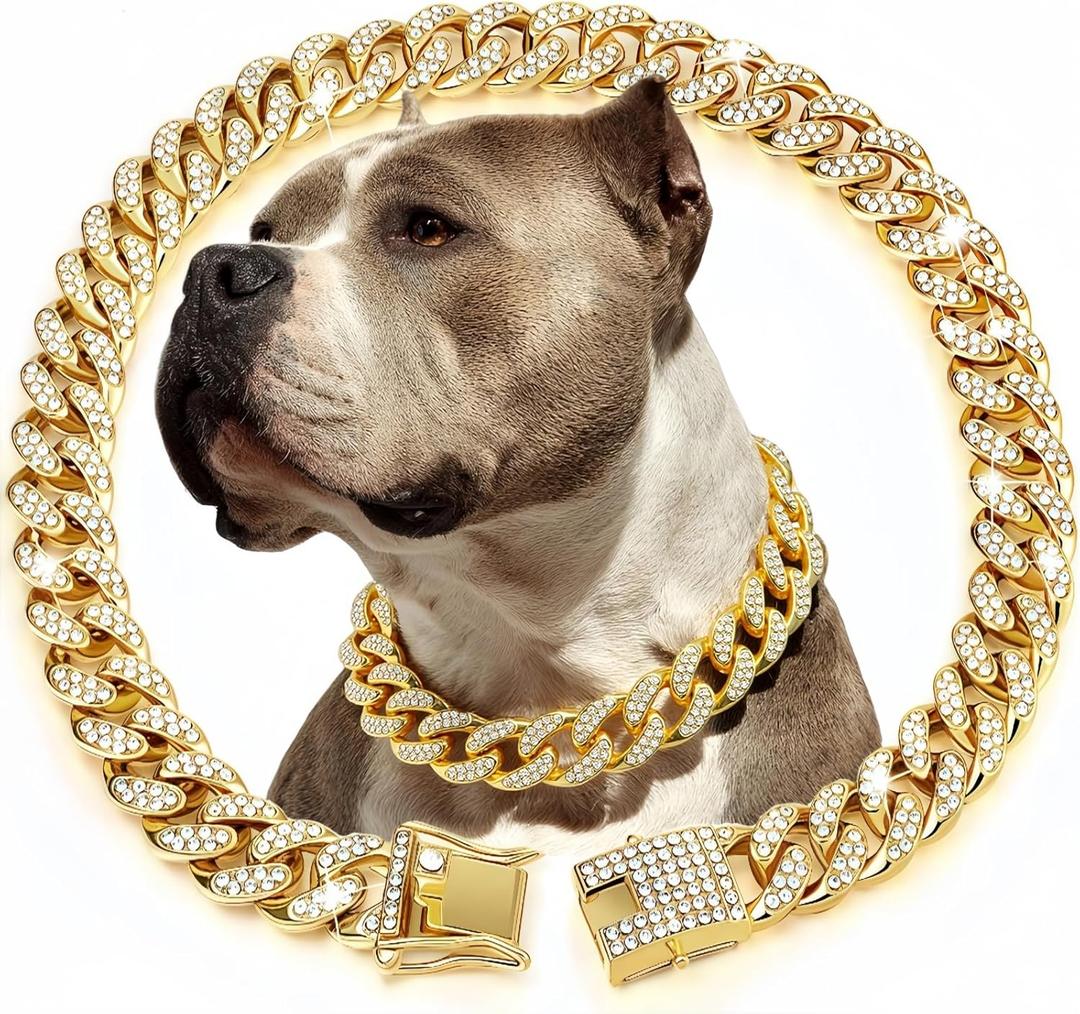 Sparkling Cuban Link Dog Collar with Diamond Inlay - Elegant Gold Chain for Dogs and Cats, Comfortable fit, 8 Size Options (M)