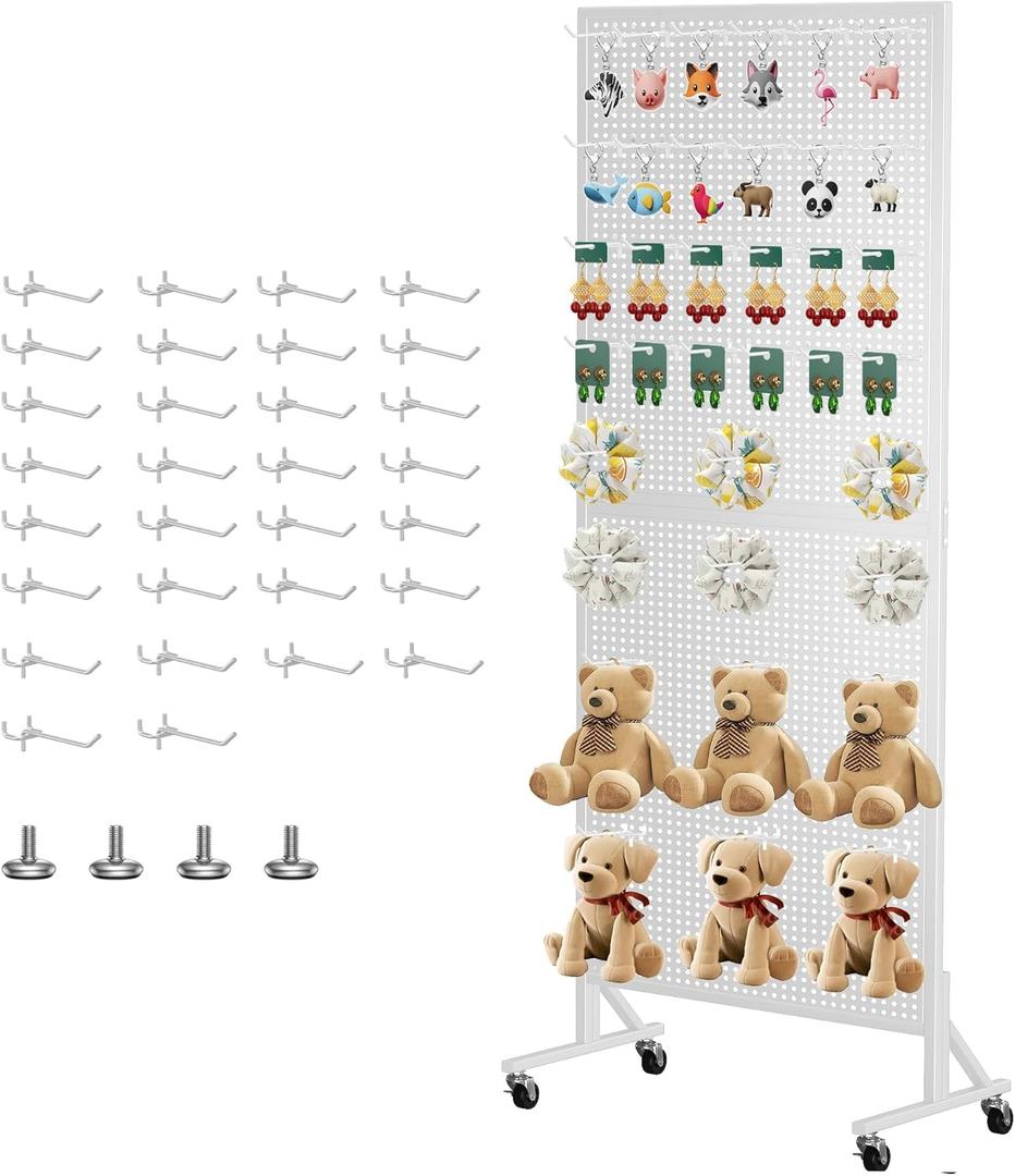 Standing Pegboard Display for Floor with Extra 30 Hooks 24" X70" Metal Peg Board with Wheels Professional Display Rack with Heavy-Duty T-Base Panels Units Organizer for Vendors & Retail