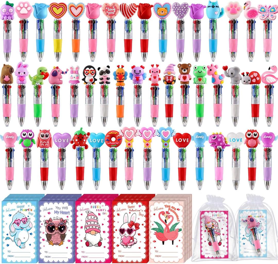 50 Pack Valentines Day 4-in-1 Multicolor Cute Animal Pens with Valentines Cards Bags Retractable Fun Ballpoint Pens Bulk for Classroom Prize Office School Gift Exchange