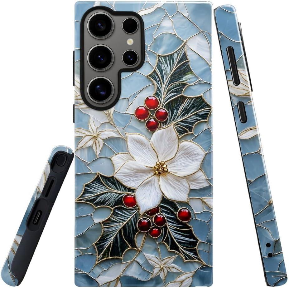 Compatible with Samsung Galaxy S24 Ultra,Glossy Dual-Layer Protection with Phone Case Cover - Christmas Holly Elegant Winter Floral
