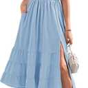 Linsery Women's Summer Square Neck Short Puff Sleeve Casual Smocked Flowy A Line Tiered Split Midi Dress (Blue, S)