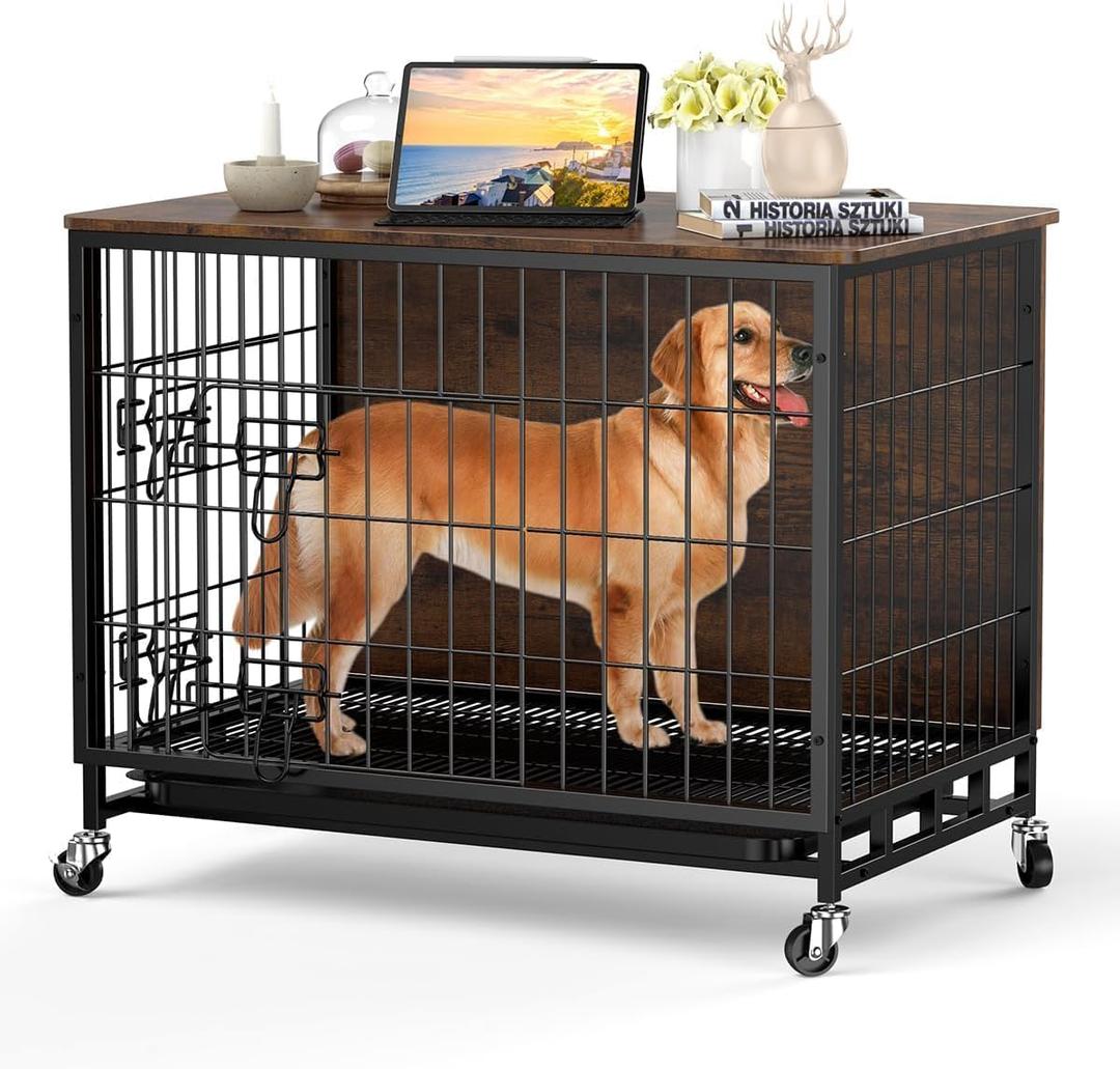 Dog Crate Furniture, 27" Dog Kennel End Table, Wooden Dog Cage with Wheels & Double Doors, Dog Crate Indoor Dog House for Large Medium Dogs, Rustic Brown (30.7"L x 22.8"W x 7.1"H)