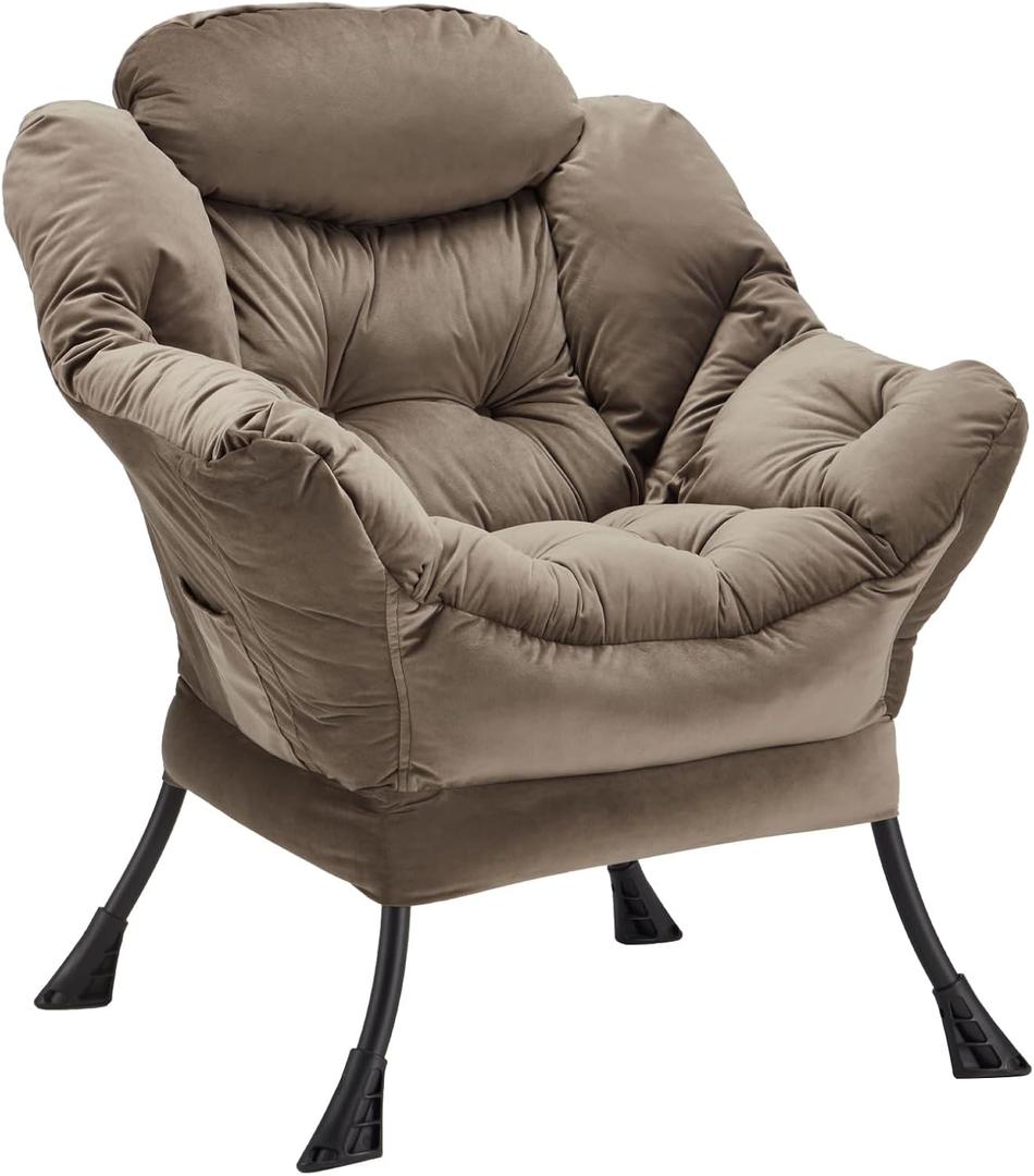 Lazy Chair Thick Padded, Accent Chair Velvet Upholstered with Wide Seat, Stable Metal Frame and Non-Slip Pad, Modern Sofa Armchair with Side Storage Bag for Dorm, Room, Office, Dark Gray