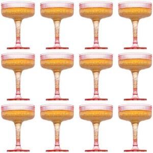 yptniginu 12 Pcs Plastic Champagne Glasses 7 oz Champagne Tower Ribbed Martini Glasses Disposable Wine Cups Stackable Stemmed Cups for Wedding Birthday Party Bar (Pink)