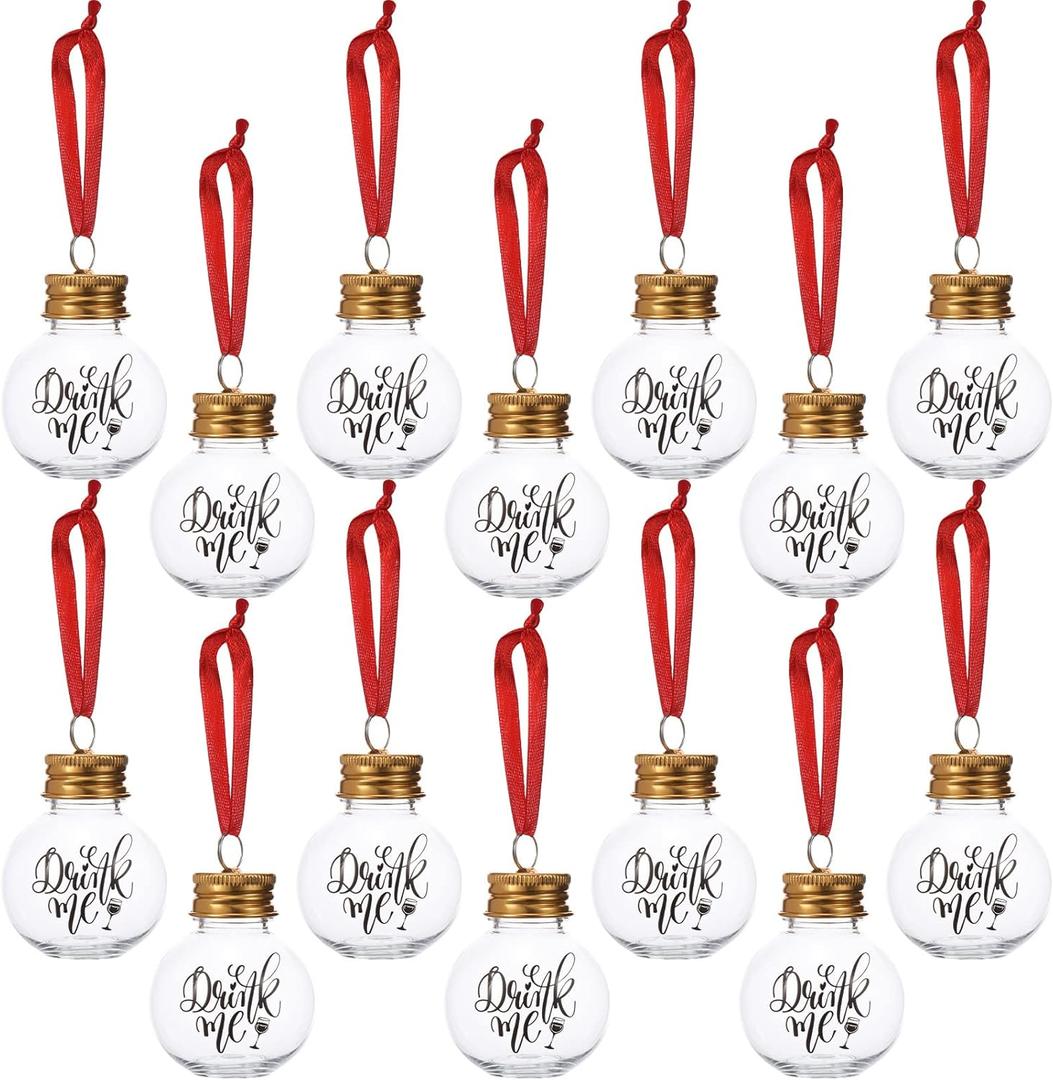eBoot 24 Pcs Christmas Booze Balls Ornament Fillable Drink Me Ornaments for Christmas Tree Xmas Holiday Clear Hanging Ornament with Gold Lids for Home Decoration (1.7oz)