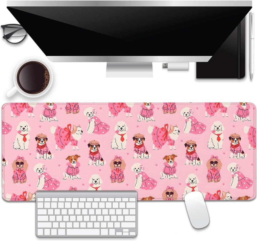 Cute Dogs Desk Pad Mouse Pad,Large XL Pink Mouse Mat with Stitched Edges for Women Girl,Non-Slip Rubber Base Mousepad for Office PC Keyboard Laptop and Home Work Desk Mat(31.5X11.8 in)
