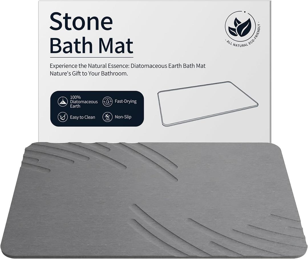 ZIKIBL Stone Bath Mat Diatomaceous Earth Shower Mat Non-Slip Super Absorbent Diatomite Stone Mats for Bathroom Floor/Ktichen Cuonter Quick-Drying Easy to Clean (24" x 16" (Rectangular) Grey-Feather)