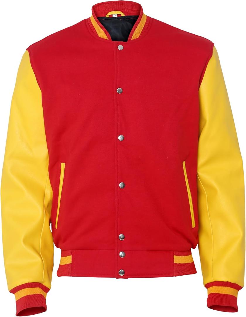 Men's Varsity Jacket Slim Fit Wool Blend Letterman Baseball Jacket (X-Large, Red and Yellow)