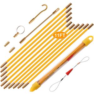 KOOTANS 11FT Fiberglass Running Electrical Wire Cable Glow Rods Wire Pulling Tools Fish Tape Cable Puller Through Wall Snake Fish Rods Kit with Different Attachments