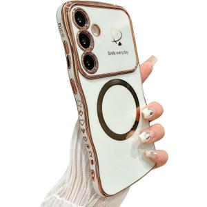 for Samsung Galaxy S25 Plus Case Magnetic,for Women Girls Soft Cute Wave Frame Curly Shape Love Heart Luxury Plating Phone Case Compatible with MagSafe Shockproof Back Cover 6.7"-White