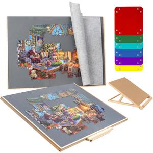 Sancallie 1500 Pieces Jigsaw Board with Drawers & Bracket Set/Wooden Tilting Puzzle Board Kit with 6 Sorting Trays Gray Felt Mat Cover - with Puzzle Board for Storing Jigsaw Puzzles