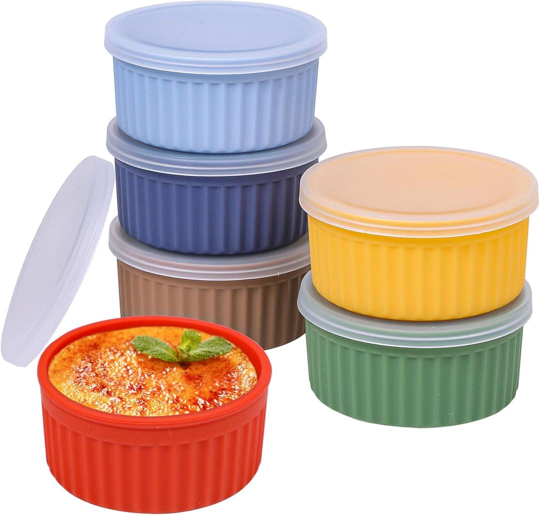 Koluti Nonstick Silicone Ramekins 4 oz with Lid, 6-Pack Oven Safe Creme Brulee Bowl for Baking, Mini Souffle Ice Cream Dessert Pudding Dipping Sauce Cups, BPA Free, Microwave, Freezer, Dishwasher Safe (Round-Colorful)