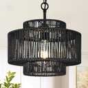 Bagood 12.4" Black Woven Pendant Light 1 Light Black Rattan Chandelier Hand-Woven Rattans Chandelier 3-Tier Rattan Pendant Farmhouse Chandeliers Light Fixture for Dining Room Living Room