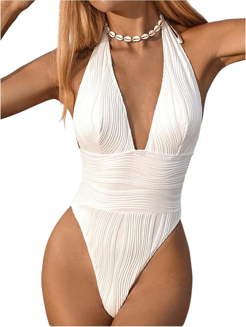 Milumia Women's Textured Halter Tie Backless Swimsuit Sexy Deep V Neck One Piece Bathing Suit (Medium, White)