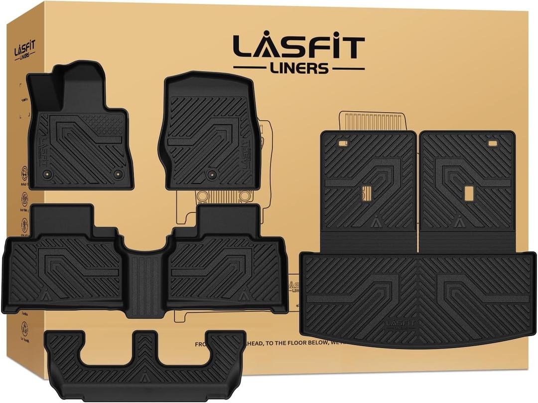 LASFIT Floor Mats & Cargo with Backrest Mat for Ford Explorer 2020-2025 2026 7 Passenger, Custom Fit All Weather Protector TPE Easy Clean Floor Liners, 5pcs Full Set Black