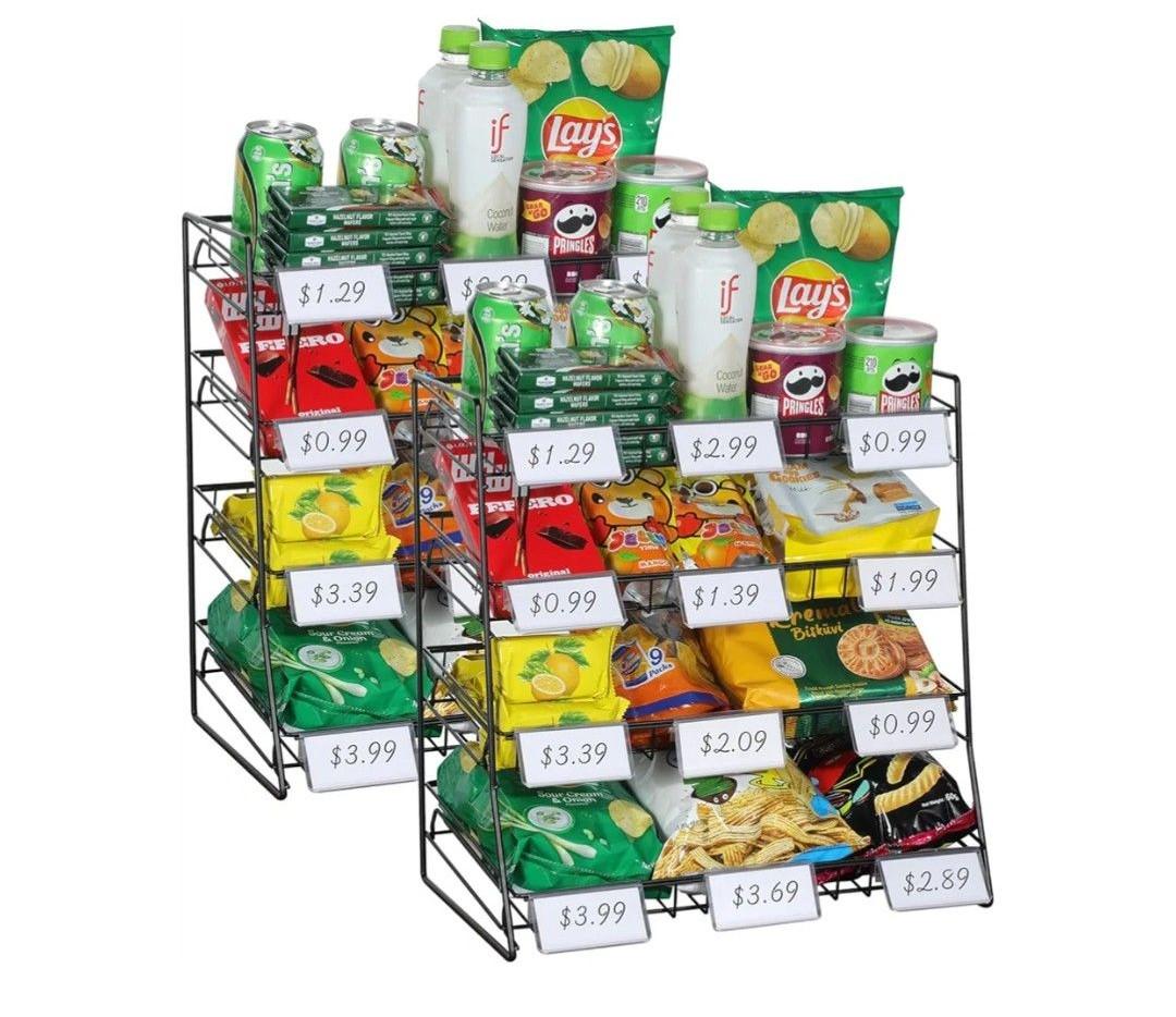 4-Tier Black Stackable Candy Display Rack, Snack Organizer For Countertop, Stores, Offices with 24 Signs and 60 Labels (Black-2 Pack)