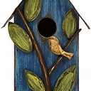 Glitzhome 9.7" H Hanging Bird House for Outdoor Patio Garden Decorative Pet Cottage Distressed Wooden Birdhouse, Blue Leaves